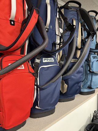 Golf bags stored in the shop
